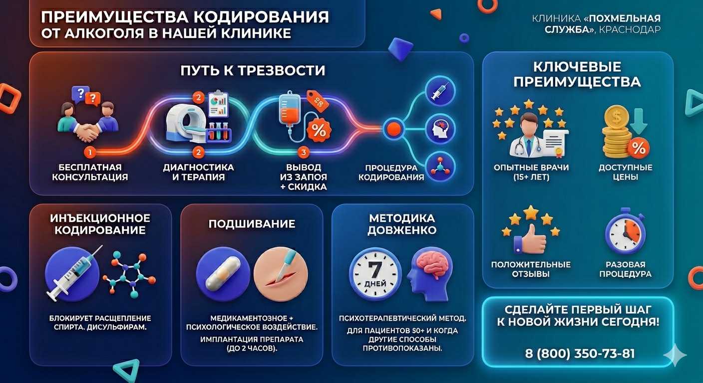 Инфографика о методах кодирования от алкоголя в САО Москвы: инъекции, подшивание, метод Довженко. Преимущества клиники и этапы лечения.